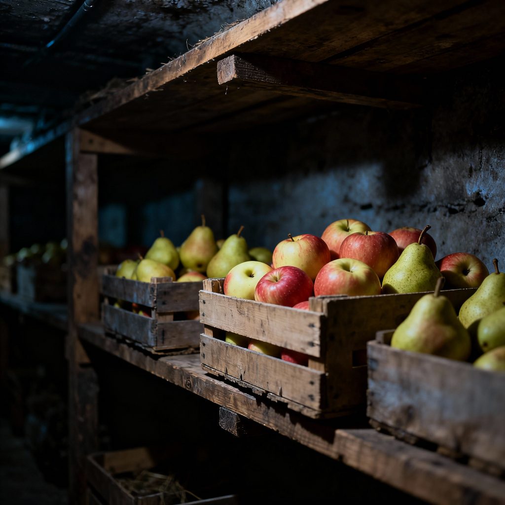Eingelagertes Obst im Keller